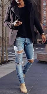 Mens black leather chelsea boots with side zip size 7 uk. 30 Rustic Ripped Jeans Outfit Ideas Thatll Make You Want To Wear Blue Jeans Outfit Men Ripped Jeans Men Jeans Outfit Men