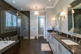 brown tile bathroom with gray walls