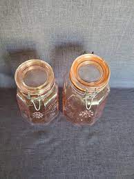 Set Of 2 Pink Glass Italian Latching Canister Jars Pink Glass Canisters From Italy Made In Italy Pink Glass Paneled Canisters