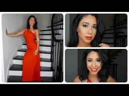 neutral prom makeup look with red dress