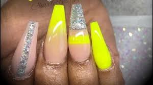 Coffin yellow nails (ombre+glitter accent nails). Acrylic Nails Bright Yellow Design Set With Cutout Designs Youtube