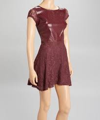 Mimi Chica Burgundy Faux Leather Lace Skater Dress