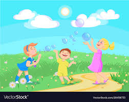 Cartoon Children Play With Soap Bubbles