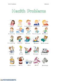 This page has printable vocabulary exercises related to health, sickness, seeing a doctor and hospitals and giving advice. Health Problems Vocabulary Worksheet