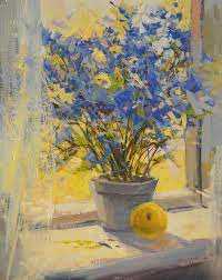 Yellow Blue Flowers Painting Print