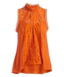 Self Esteem Clothing Apricot Orange Lace Trim Mock Neck Sleeveless Top Women