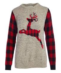 Self Esteem Clothing Heather Gray Red Buffalo Check Deer Sweater Plus