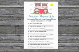 Here are fun, free, printable baby shower games from the classic to the unique. Love Hippo Nursery Rhyme Quiz Game Family Hippo Baby Shower Games 290