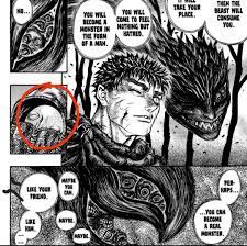 Is the behelit forming(arranging into a face) in this page? Since guts  condition are really bad, and his vengeance is consuming him, the behelit  may be responding. : r/Berserk