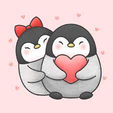 cute penguin couple cartoon hand drawn