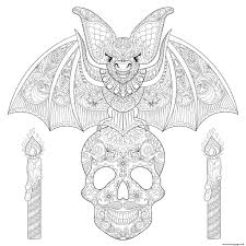 About halloween coloring page for adults #1 graphic. Halloween Adult Bat Sitting On Skull Coloring Pages Printable