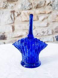 Cobalt Blue Glass Basket Vase Vintage