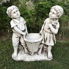 Boy Girl Statue With Basket Planter
