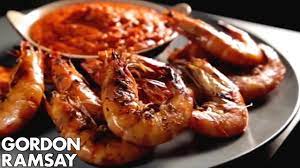 sweet pepper sauce with grilled prawns