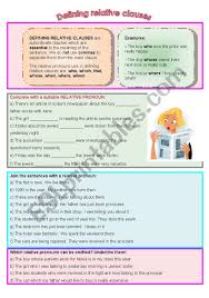 Since a relative clause acts as an adjective, it's important to be able to identify what it modifies. Defining Relative Clauses Esl Worksheet By Nuria08