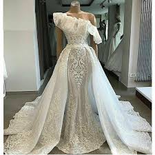 One Shoulder Wedding Dress Mermaid Detachable Train Removable Skirt Bridal Gowns Ebay