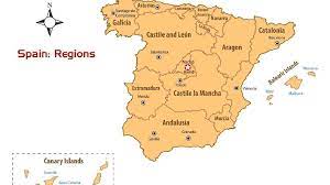 İspanya harita (özerk topluluklar tarafından renkli) ile üst düzey idari birimleri. Ispanya Bolgeleri Harita Ve Kilavuzu