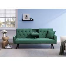 Angel Sar 72 4 In Width Green Velvet Twin Size Sleeper Sofa Bed With Two Cup Holders Nail Head Trim One Pillow