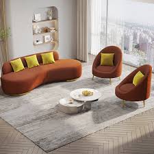 Orange Velvet Upholstered Curved Sofa