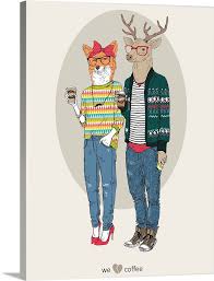 Fox Girl And Deer Boy Hipsters Large Solid Faced Canvas Wall Art Print Great Big Canvas