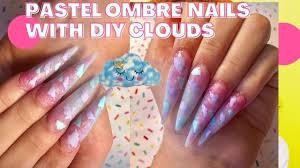 On a piece of tin foil or a plastic palette, drip a few drops of four pastel polishes: Pastel Ombre Cloud Nails Baby Blue And Pastel Sparkly Pink Acrylic Nails Stiletto Nails Youtube