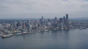 5k Stock Footage Aerial Video Approaching The Waterfront And Downtown Seattle Skyline From Elliott Bay Washington Aerial Stock Footage Ax45_072
