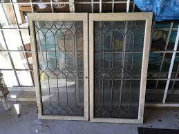 Vintage Leaded Glass Cabinet Doors Pair