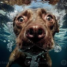 swimming dark brown dog with surprised