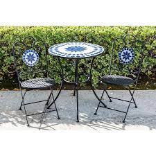 30 36 H Round Multicolor Ceramic Tile And Metal Outdoor Diamond Tile Patterned Table Chairs Bistro Set Of 3