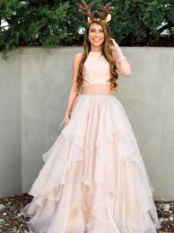 Simple Two Piece Light Pink Prom Dresses Halter Long Prom Dresses With Beaded Ruffles