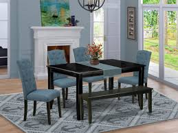 Create the cozy dining nook of your dreams with our valencia banquette set. Duce6 Blk 21 6pc Dining Set Includes A Rectangle Dining Table Four Parson Chairs With Blue Fabric And A Bench Black Finish East West Furniture
