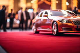 luxury sport car on red carpet in showroom