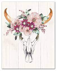 cow skull with flowers print on canvas