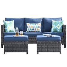 Neptune Gray 7 Piece Wicker Patio Conversation Seating Sofa Set With Denim Blue Cushions And Swivel Rocking Chairs