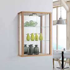 Oak Wall Mounted Glass Display Cabinet With Lighting