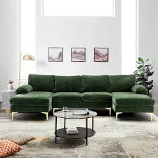 Homefun 110 In W Green 4 Piece U Shaped Fabric Modern Sectional Sofa With 2 Arms And Golden Metal Legs