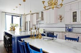 royal blue, gold, and white kitchen