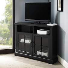 welwick designs 44 in solid black wood and gl traditional window pane 2 door tall corner tv stand fits tvs up to 50 in