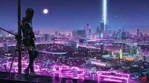 Sci-Fi City Neon Lights Ninja Katana 4K ...