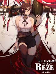 jinlin, reze (chainsaw man), chainsaw man, black neckwear, absurdres,  highres, 1girl, black skirt, breasts, brown hair, character name, choker,  collared shirt, copyright name, green eyes, hair between eyes, hand up,  large breasts,