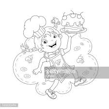 Set of cartoon cooks, chefs: Coloring Page Outline Of Cartoon Girl Chef With Cake Clipart Image