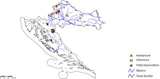 A map of Croatia with distribution of the species Fragaria moschata ...