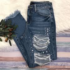Forever 21 Pearl Accents Distressed Jeans Small