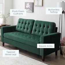 brookside brynn 76 in green velvet upholstered 3 seat square arm sofa with removable cushions and onless tufting
