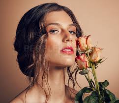 beauty flowers and face of woman in