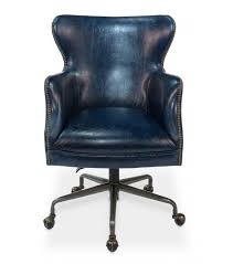 blue leather desk chair on casters