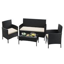 4 Pieces Black Wicker Patio Furniture Sets Patio Conversation Sets With Beige Cushion