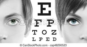 Blue Eyes Close Up On Visual Test Chart Eyesight And Eye Examination Concept In White Background