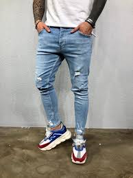 Light Blue Washed Ripped Jeans Slim Fit Jeans Bl499 Streetwear Mens Jeans