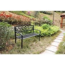 Gardenised Qi003333l 50 In Black Patio Garden Park Yard Outdoor Steel Bench Powder Coated With Cast Iron Back